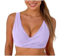 Bikini pour femme - Push up - Gros seins - Haut dos nu - Push Up - Aspect cache-cœur - Dentelle - Col en V - Maillot de bain - Haut de maillot de bain - Haut de maillot de bain, lilas, L
