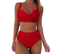 Bikini pour femme, ventre plat, grande poitrine, col en V, motif floral croisé, maillot de bain, bikini deux pièces, taille haute, push-up, pour femme, 2-Rouge., XXL
