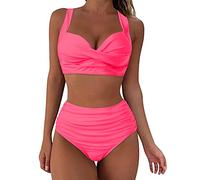 Bikini pour femme, ventre plat, grande poitrine, col en V, motif floral croisé, maillot de bain, bikini deux pièces, taille haute, push-up, pour femme, 2-rose, XL