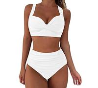 Bikini pour femme, ventre plat, grande poitrine, col en V, motif floral croisé, maillot de bain, bikini deux pièces, taille haute, push-up, pour femme, 2 - Blanc., XXL