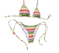 Bikini rayé deux pièces tendance réglable à nouer sur le côté maillot de bain rose vert rayures polyester séchage rapide pour la plage, la piscine, le spa femmes XS S M L (S)