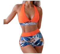Bikini String Femme Maillots De Bain Deux Pièces Maillot De Bain Crochet Haut À Volants Et Bas Taille Haute Push Up Bikini Taille Haute Vintage Ensemble Maillot Ventre Plat Femme Classique (Orange, M)