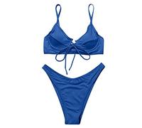 Bikini Taille Haute Noir Maillot de Bain 2 Pièces Stock Drop Up Bra Femmes Sexy Bikini Ensemble Solide Maillot de Bain Ensemble Beachwear Maillots Femme (Blue L)