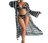 Bikini Triangulo Mujer BañAdor Deportivo Traje de baño de 3 piezas Para Mujer Con cubierta Playa, Bikini Con Estampado Tropical y cárdigan, Traje BañAdor Push up Relleno (Black, XL)