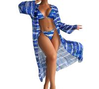 Bikini Triangulo Mujer BañAdor Deportivo Traje de baño de 3 piezas Para Mujer Con cubierta Playa, Bikini Con Estampado Tropical y cárdigan, Traje BañAdor Push up Relleno Parte (Blue, XL)