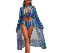 Bikini Trimmer,Tankini Maillot De Bain Femme,Maillot de Bain Trois pièces Tankini Bikini en Maille Tendance avec paréo pour la Plage et la Piscine (Blue, L)
