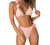 Bikinis for Women Plain Swimsuit with Three Flowers, Steel Support and Chest Padding, Split, Pink, S