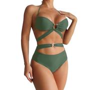 Bikinis Mujer 2026 Tanga Parte De Arriba Bikini Traje de baño dividido Color sólido Para Mujer Con correas y accesorios puño Metal Para colgar Tankinis Tallas Grandes Bikini (Green, XL)