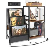 Bikoney Meuble Platine Vinyle avec Prise de Courant, Table d’Appoint à 3 Niveaux pour Tourne-Disque et Rangement jusqu’à 200 Albums, Support Design pour Disques et Salon