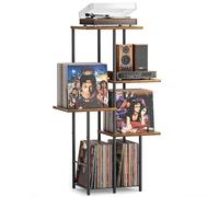 Bikoney Meuble pour Platine Vinyle avec Rangement, Étagère d’Affichage pour Disques, Support Table pour Platine avec Organisateur de Vinyles, Meuble Vintage en Bois Style Mid-Century, Console Haute