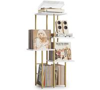 Bikoney Meuble pour Platine Vinyle avec Rangement & Organisateur - Doré | Console Haute en Bois Style Mid-Century pour Salon, Étagère d'Affichage pour Disques et Organisateur de Vinyles Compact