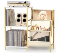 Bikoney Meuble Tourne-Disque à 3 Niveaux, Support pour Platine Vinyle avec Rangement Jusqu'à 200 Albums et Disques LP, Table d’Appoint Polyvalente pour Salon, Style Rétro - Doré