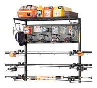 Bikoney Porte Canne à Pêche Mural pour Garage, Support Horizontal pour 6 Cannes avec Crochets et Panneau Perforé, Organisateur de Rangement de Pêche, Idée Cadeau pour Hommes Pêcheurs Papa