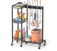 Bikoney Support Balais avec Organisateur Produits de Nettoyage, Armoire de Rangement avec Bac, Chariot de Nettoyage avec Crochets et Porte-Serpillières, Chariot Ménager Polyvalent