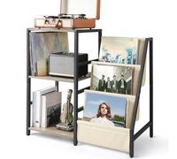 Bikoney Table d’Appoint pour Platine Vinyle avec Rangement à 3 Niveaux, Meuble Design pour Disques et Albums, Support de Tourne-Disque jusqu’à 200 LP, Idéal pour le Salon - Blanc