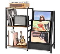 Bikoney Table d’Appoint pour Tourne-Disque avec Rangement LP à 3 Niveaux, Meuble Platine Vinyle Design, Support pour 200 Albums, Étagère de Rangement Disques pour Salon