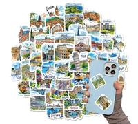 BIKPRST 50 Pcs Vintage Travel Stickers, Vintage Suitcase Stickers, Autocollants Landmark, couvrant de nombreuses villes à travers le monde,Waterproof Vinyl Stickers for Laptop, Bicycle,Water Bottle