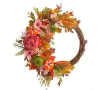 BildeeMait Couronne d'automne en demi-cercle de 35 cm, citrouille rustique et pivoine, décoration de porte d'automne pour porche, mur, fenêtre, décoration à suspendre (orange)