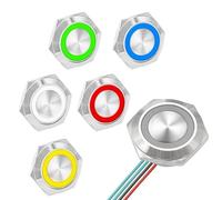BildeeMait Lot de 3 interrupteurs à bouton-poussoir momentané de 19 mm avec lumière LED, 12 V 24 V interrupteur en métal étanche pour panneau de contrôle industriel automobile pré-câblé