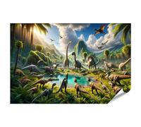 bilderfelix Poster Différents dinosaures se rassemblent au point d'eau à l'aube - Poster 130x90 cm