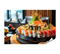 bilderfelix Poster Motif de set de sushi japonais sur assiette en bois comme image murale de cuisine restaurant de sushi de cuisine - Poster 130x90 cm