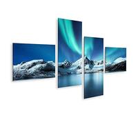 bilderfelix Tableau sur toile Aurores boréales Îles Lofoten Norvège Aurores boréales Montagnes Reflet Wa - Toile 150x80 cm - 4 panneaux
