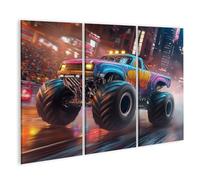 bilderfelix Tableau sur toile Course de monster truck colorée en ville - Toile 130x80 cm - 3 panneaux