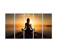 bilderfelix Tableau sur toile Femme rétroéclairée, posture de yoga calme, lever de soleil zen - Toile 160x80 cm - 5 panneaux XXL