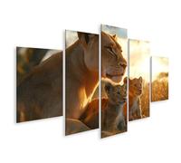 bilderfelix Tableau sur toile Lionne avec ses lionceaux au coucher du soleil - Toile 170x80 cm - 5 panneaux