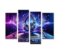 bilderfelix Tableau sur toile Musique DJ sur la platine, rythmes néon et ondes sonores - Toile 126x80 cm - 4 panneaux