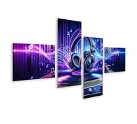 bilderfelix Tableau sur toile Musique DJ sur la platine, rythmes néon et ondes sonores - Toile 150x80 cm - 4 panneaux