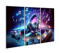 bilderfelix Tableau sur toile pour les chambres d'enfants Musique entraînante sur la platine DJ avec casque - Toile 130x80 cm - 3 panneaux