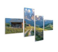 bilderfelix Tableau sur toile Refuges de montagne pittoresques dans les Dolomites avec un panorama alpin dans la lumière du soir - Toile 150x80 cm - 4 panneaux