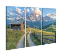 bilderfelix Tableau sur toile Refuges de montagne pittoresques dans les Dolomites avec un panorama alpin dans la lumière du soir - Toile 130x80 cm - 3 panneaux