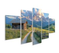 bilderfelix Tableau sur toile Refuges de montagne pittoresques dans les Dolomites avec un panorama alpin dans la lumière du soir - Toile 170x80 cm - 5 panneaux