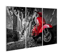 bilderfelix Tableau sur toile Scooter Vespa rouge garé sur une rue pavée - Toile 130x80 cm - 3 panneaux