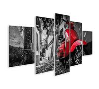 bilderfelix Tableau sur toile Scooter Vespa rouge garé sur une rue pavée - Toile 170x80 cm - 5 panneaux