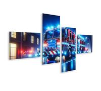 bilderfelix Tableau sur toile Spectaculaire camion de pompiers avec des lumières bleues prêt à l'action - Toile 150x80 cm - 4 panneaux