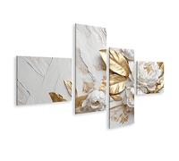 bilderfelix Tableau sur toile Texture de marbre Couleurs or blanc Fleurs dorées Design luxueux - Toile 150x80 cm - 4 panneaux