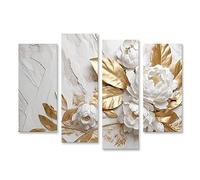 bilderfelix Tableau sur toile Texture de marbre Couleurs or blanc Fleurs dorées Design luxueux - Toile 126x80 cm - 4 panneaux