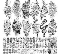 Bilizar 64 Feuilles Fleurs Tatouage Ephemere Femme Cou, Floral Lune Rose Faux Tatouages Temporaire Adulte Filles Peau, Autocollants De Tatouage Réalistes 3D Serpent Pivoine Enfants Longue Durée