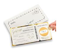 Billet de voyage doré à gratter et révéler - Cadeau surprise personnalisé avec enveloppe | Billet doré, cadeau de voyage unique pour anniversaire, Saint-Valentin et vacances de Noël