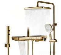 Billg Colonne de Douche Or brossé Thermostatique, 4 Fonction Système de Douche avec 320x220mm Pommeau de Douche, Mitigeur de Douche Cascade, Pistolet de Douche, Douchette, Mural Ensemble de Douche