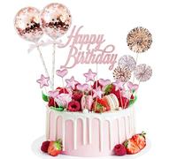 BillyBath 17 PCS Happy Birthday Decoration Gateau Or Rose Gold,Decoration Cake Topper Ballon Étoiles Topper avec Boule de Décoration pour Fête de D'anniversaire Fille