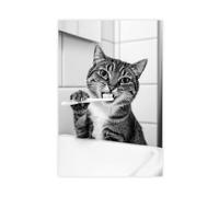 BILQAHT Impression sur toile amusante avec motif de chat qui se brosse les dents - Décoration de chambre à coucher, bureau, chambre à coucher - 60 x 90 cm