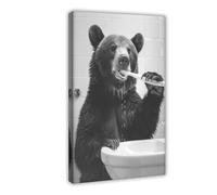 BILQAHT Poster amusant sur toile pour salle de bain, ours qui se brosse, décoration de chambre à coucher, bureau, chambre, cadeau 30 x 45 cm