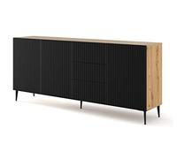 BIM Furniture Commode à 3 tiroirs de 200 cm de large - Buffet avec façade fraisée, armoire à commode, armoire de chambre à coucher avec pieds en métal noir, 200 x 42 x 87 cm, chêne Artisan noir mat