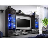 BIM Furniture Ensemble de meubles MODIC 260 cm pour salon avec vitrine et rangement à poser noir brillant LED