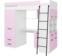 BIM Furniture Lit mezzanine, 200 x 90 cm, lit superposé, chambre d'enfant, bureau, armoire, meuble pour enfant, côté droit, blanc/lavande