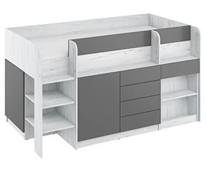 BIM Furniture Lit superposé Smile L pour enfant - Ensemble de meubles pour une chambre d'enfant - Lit avec bureau, étagères, tiroirs : côté gauche (blanc craft/graphite) - 90 x 200 cm